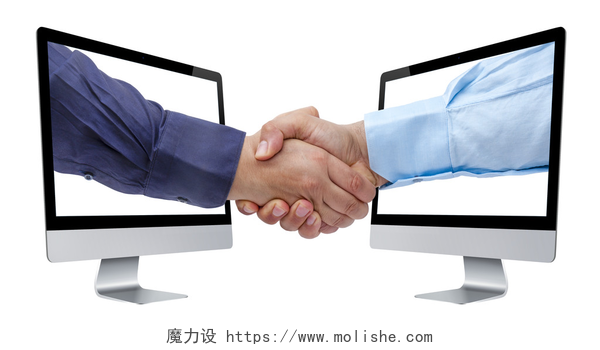 从全景视图的电脑屏幕分离出来的商人握手来自电脑屏幕角度的看法的商人握手